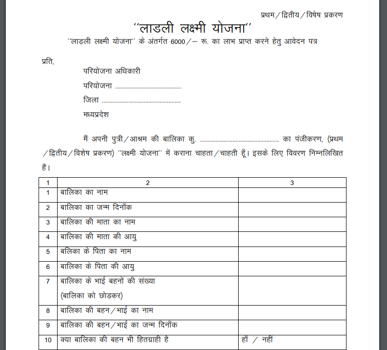 ladli laxmi yojana form pdf